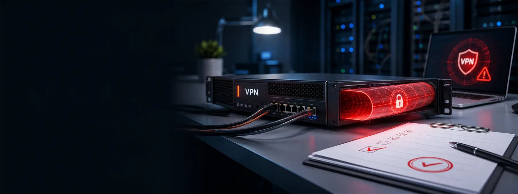 Editorial image of a business owner reviewing a VPN gateway risk alert and remote access approval checklist.