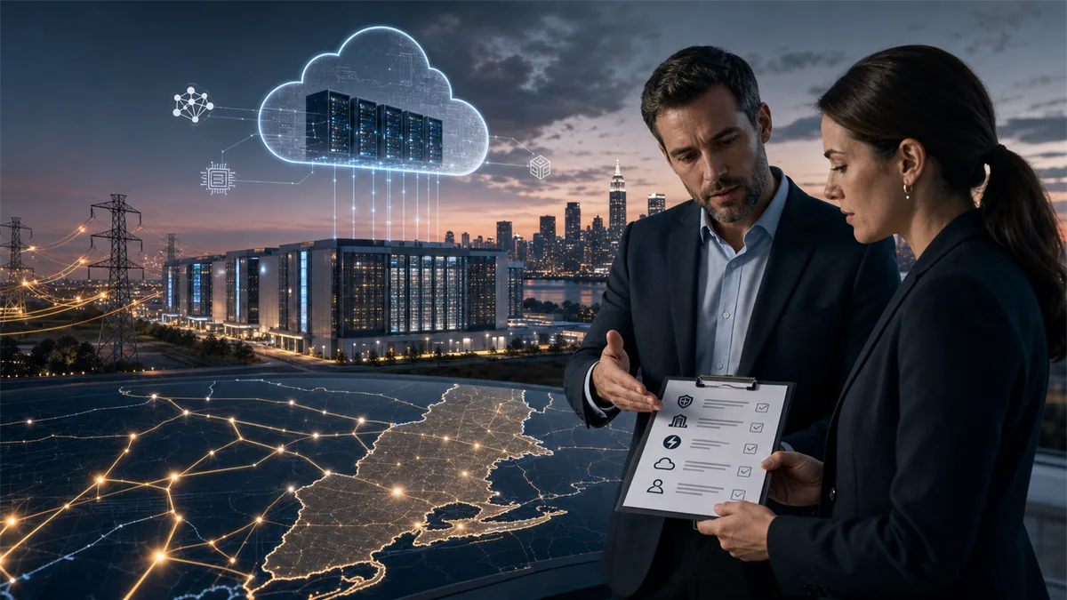 Business owner reviewing AI infrastructure and data center capacity risks on a modern planning table.