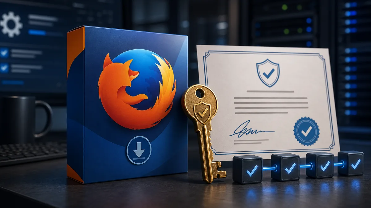 Editorial image of a Firefox browser update and signing key being verified before software deployment.