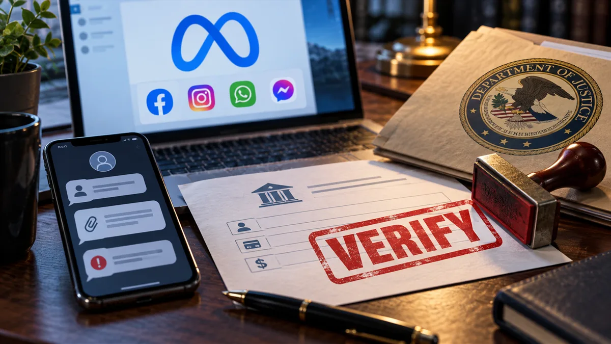 Editorial image showing business fraud verification across messages, payment approvals, and account checks after a scam-center crackdown.