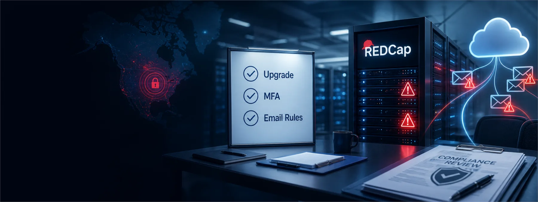 Editorial image of a healthcare administrator reviewing REDCap server upgrade evidence and email rule audit warnings.