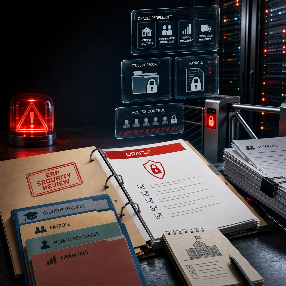 Editorial image showing an ERP system approval folder under security review after an Oracle PeopleSoft zero-day alert.