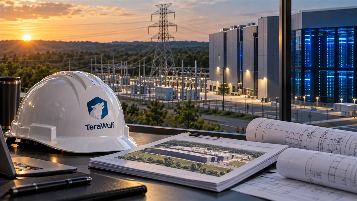 Editorial image showing a data center and electric grid infrastructure as business leaders review AI capacity planning.