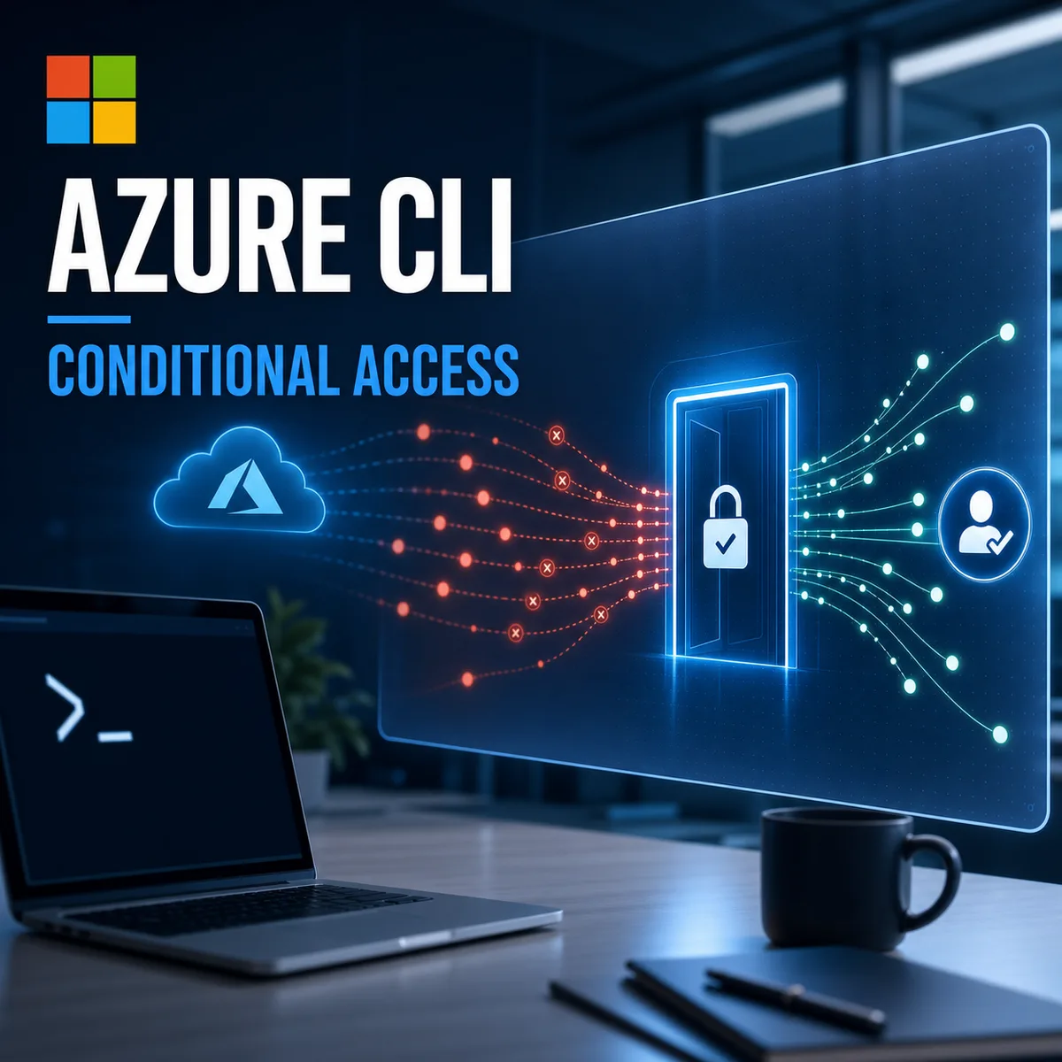 Editorial image of Microsoft Azure CLI sign-in activity under Conditional Access review, with identity alerts and account protection evidence.
