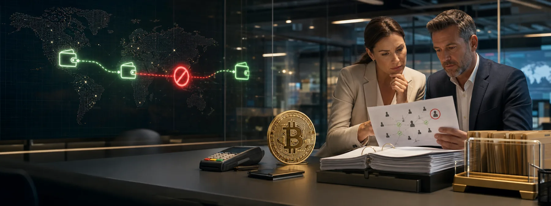 Editorial image about crypto sanctions risk, payment approvals, sanctions screening, and business vendor review.