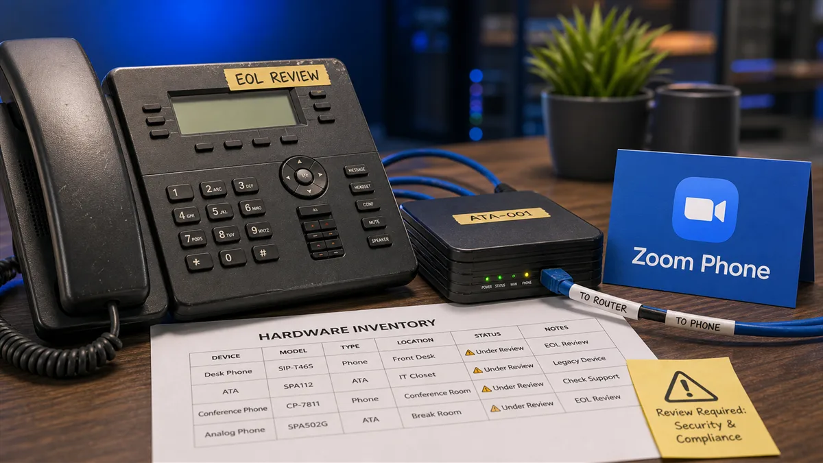 Editorial image of aging office desk phones and cloud calling hardware marked for lifecycle review.