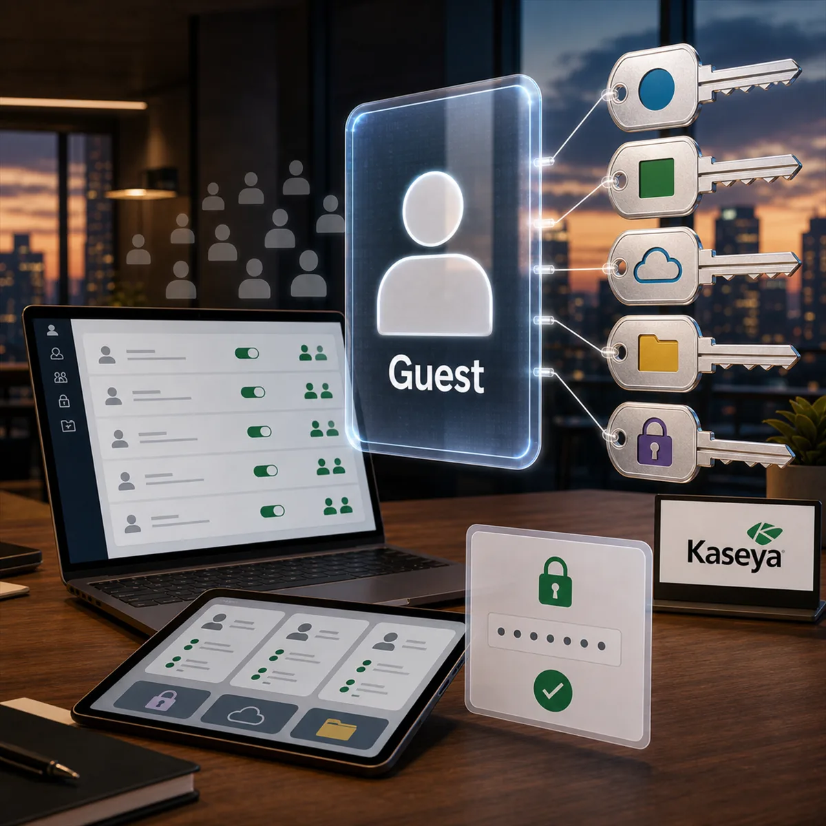 A business laptop showing a SaaS access review dashboard with guest users, app permissions, and external sharing indicators.