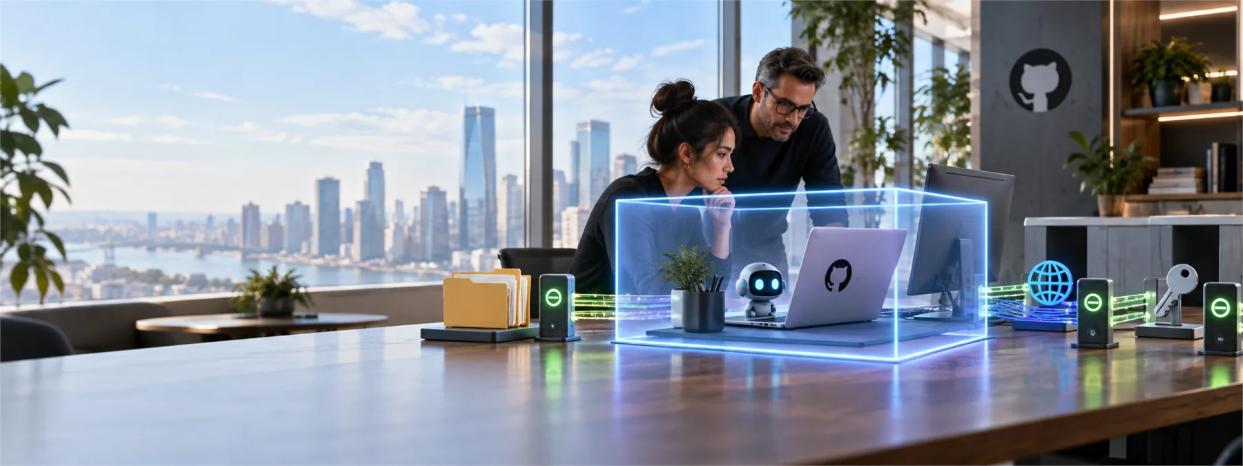 Editorial image of a business owner reviewing sandbox boundaries for an AI coding assistant session.
