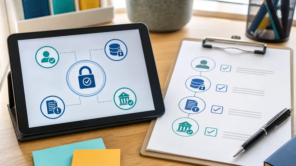 Editorial image showing a school or youth program administrator reviewing app approvals, parent consent, and platform accountability for children's online safety.