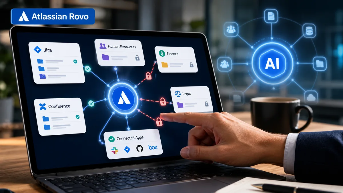 Editorial image of Atlassian Rovo-style AI access reaching Jira, Confluence, and connected SaaS data under owner review.