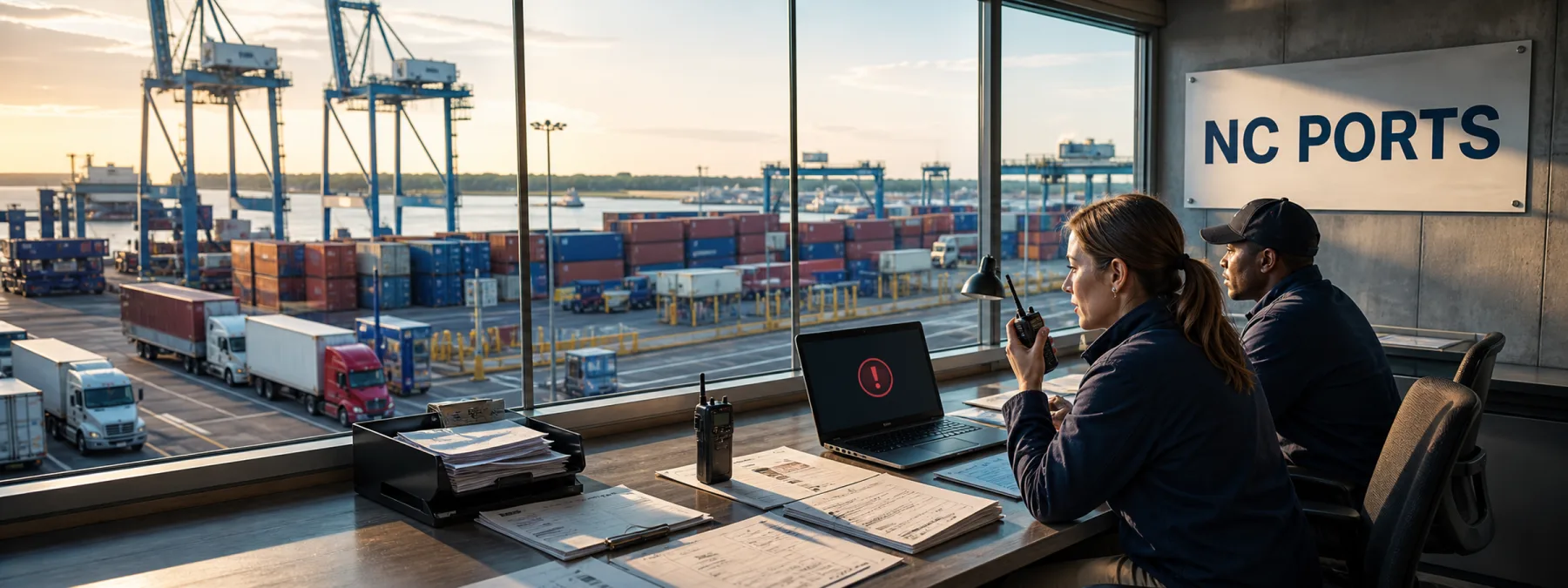 Editorial image of a port logistics operations desk during a cyber-related shipping delay and continuity review.