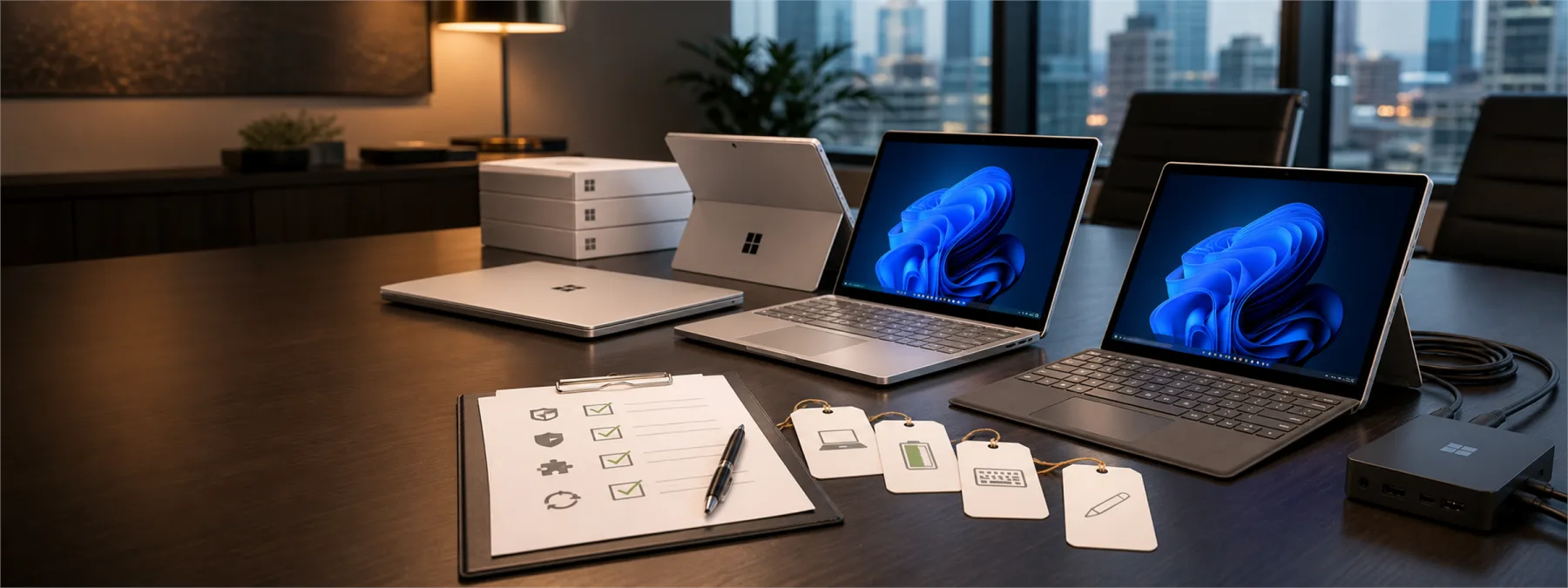 Editorial image of a business owner reviewing a Microsoft Surface endpoint refresh standard before approving new PCs.