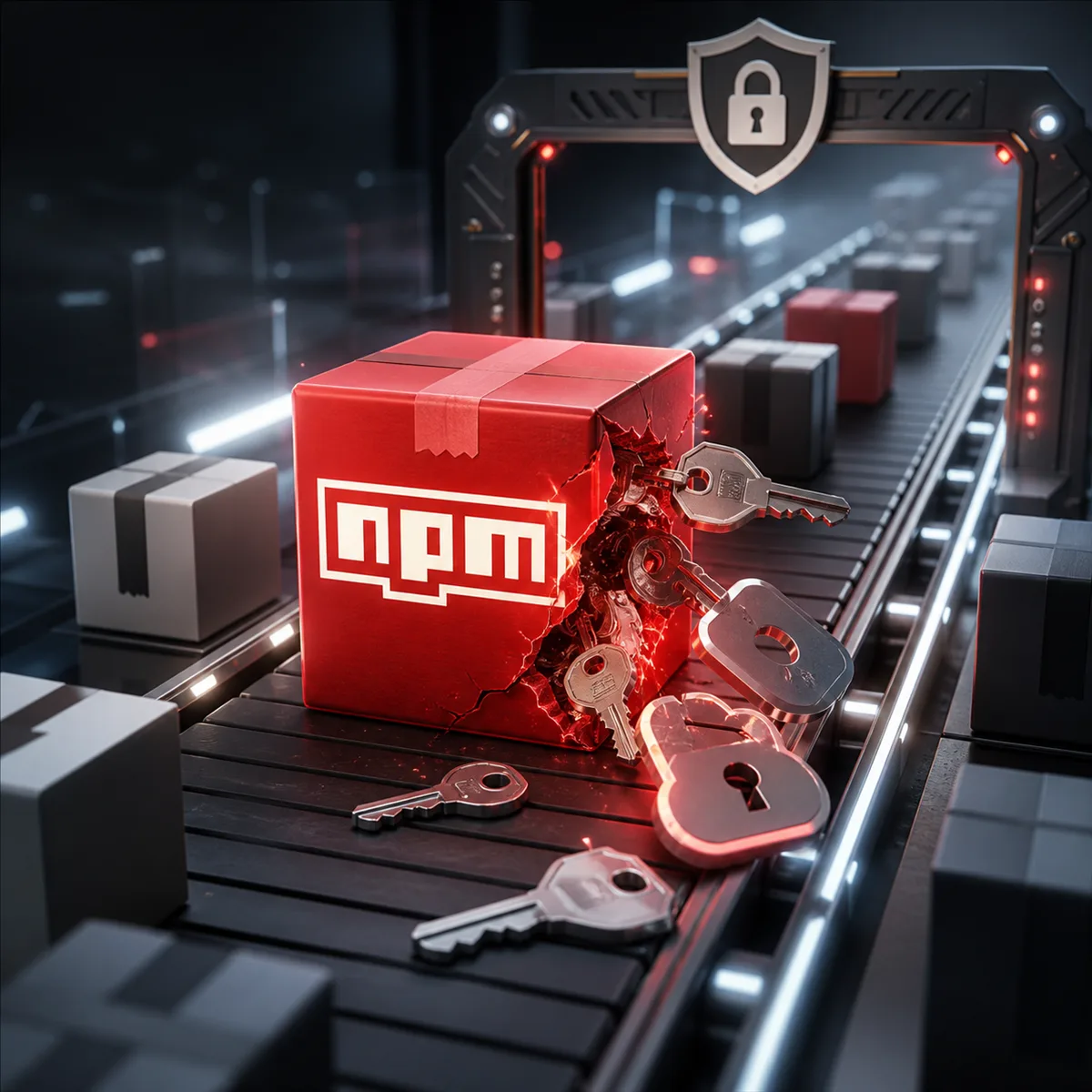 Editorial image showing a software build pipeline with npm package blocks and exposed credential keys under review.