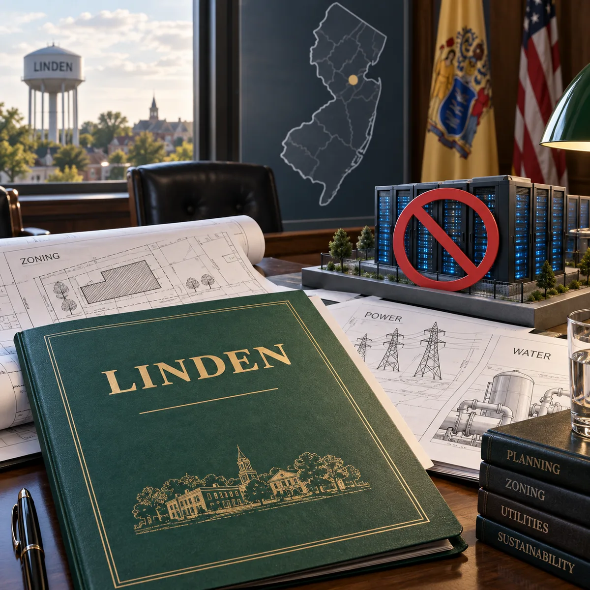 Editorial image of New Jersey business leaders reviewing AI cloud infrastructure, power planning, and data center zoning impacts.