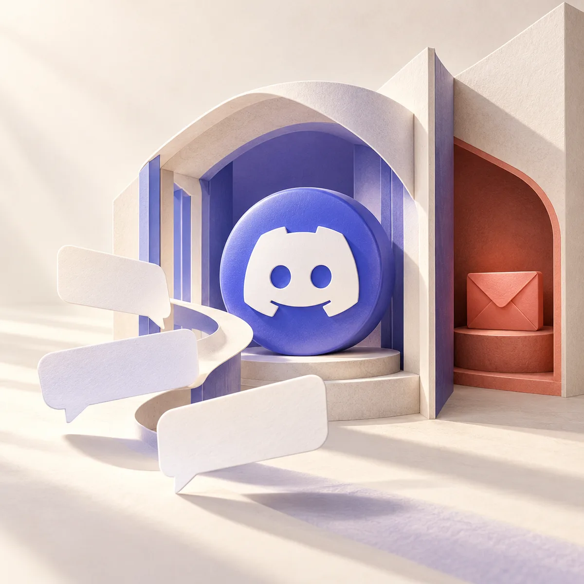Discord symbol inside an open paper pavilion, with blank speech cards flowing outward and a sealed coral envelope kept in a separate alcove.