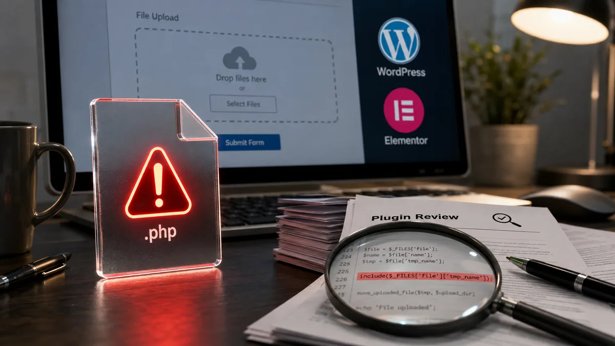 Editorial image of a WordPress website form under security review, with plugin icons, uploaded-file warnings, and a business owner reviewing vendor evidence.