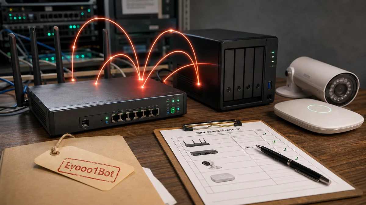Editorial image of an exposed office router and edge devices being reviewed for botnet relay risk.