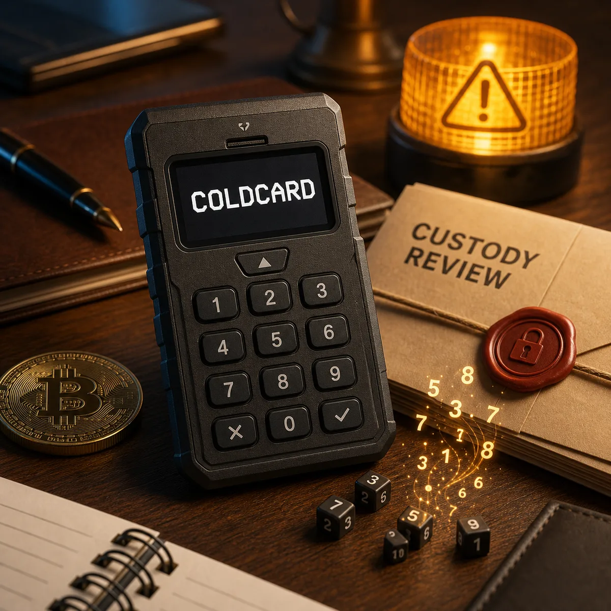 Editorial image of a hardware wallet, Bitcoin custody records, and a warning signal about random-number generation risk.