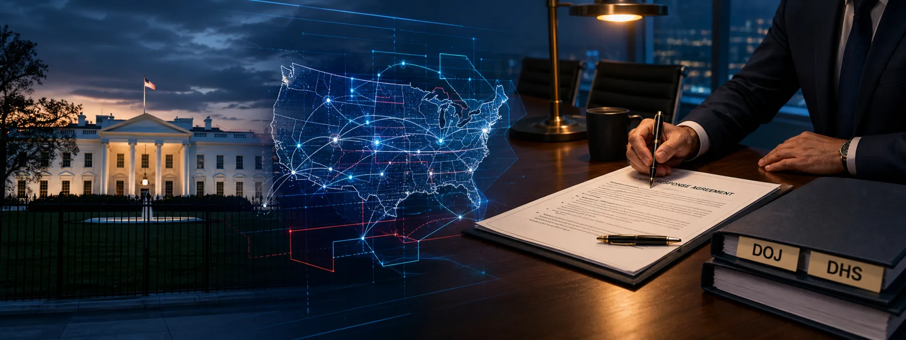 Editorial image of a federal cyber operations contract review with DOJ and DHS oversight signals and a business owner approval boundary.