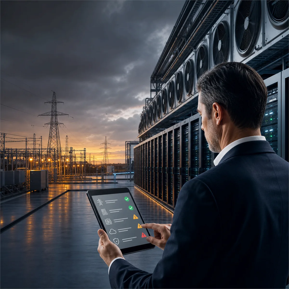 Business owner reviewing data center power and cloud dependency risks before approving an AI infrastructure plan.