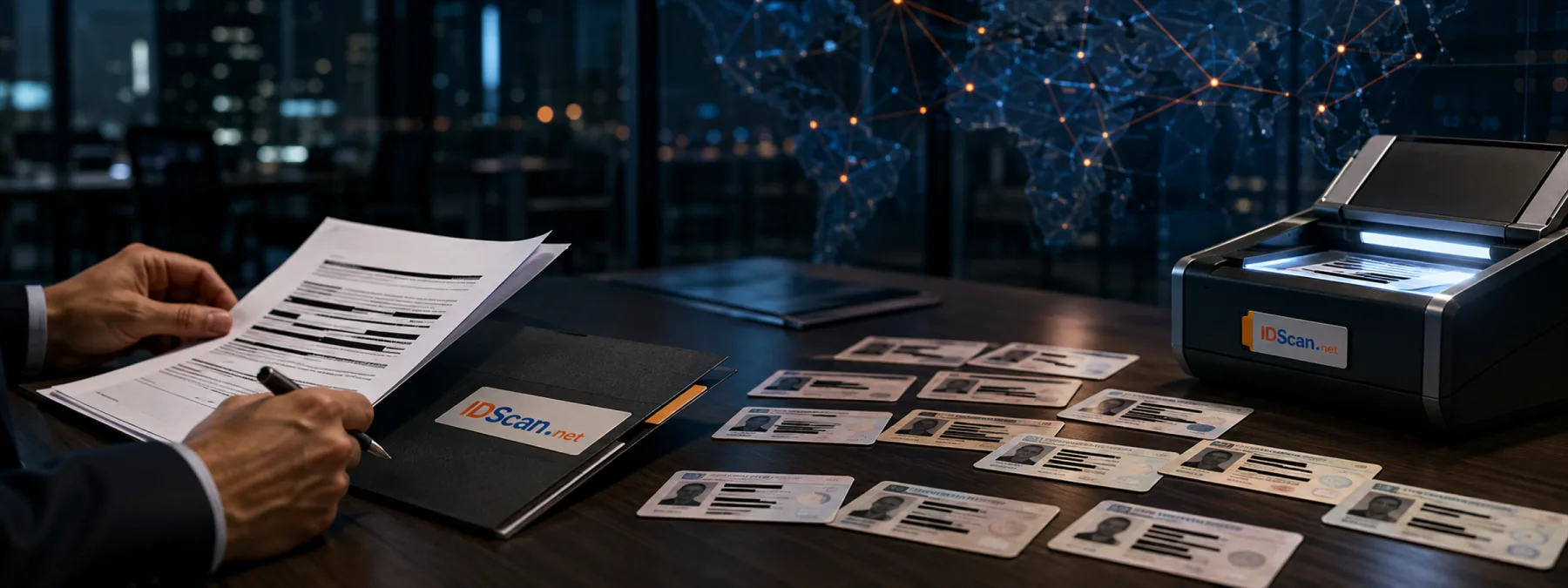 Editorial image of identity documents, a verification scanner, and a vendor risk review interface suggesting ID scan retention risk.