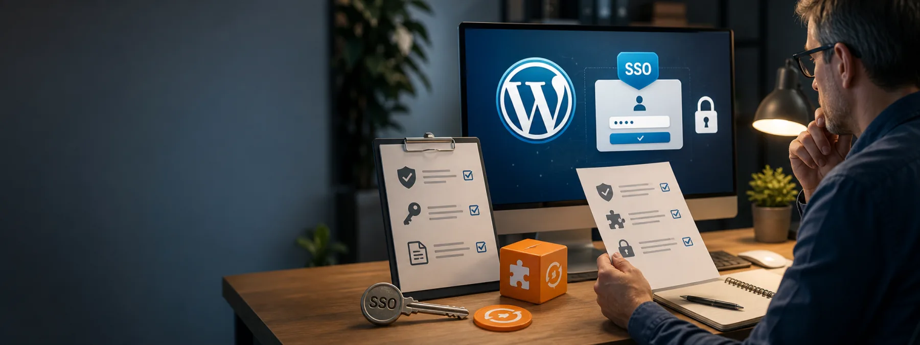Editorial image of a WordPress administrator login protected by SAML SSO with a vendor update review on a business desk.