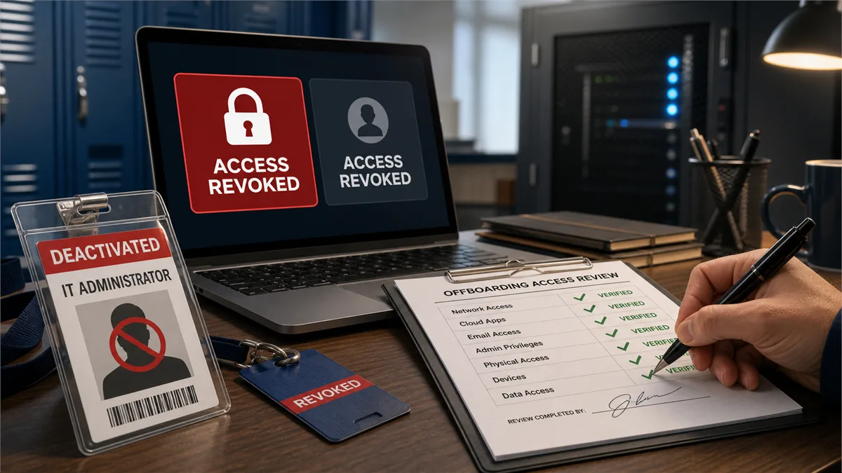 Editorial image showing a school administrator reviewing locked IT access accounts after an employee departure