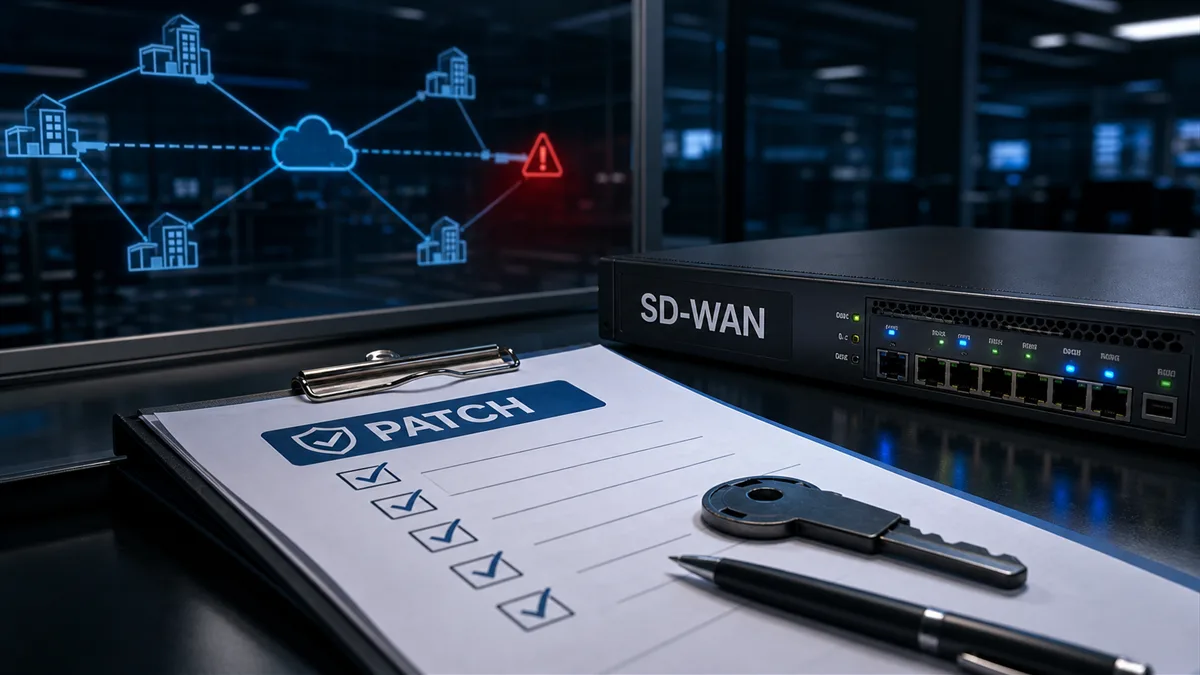 Editorial image of a Cisco SD-WAN network management console under security review with patch evidence and access controls visible.