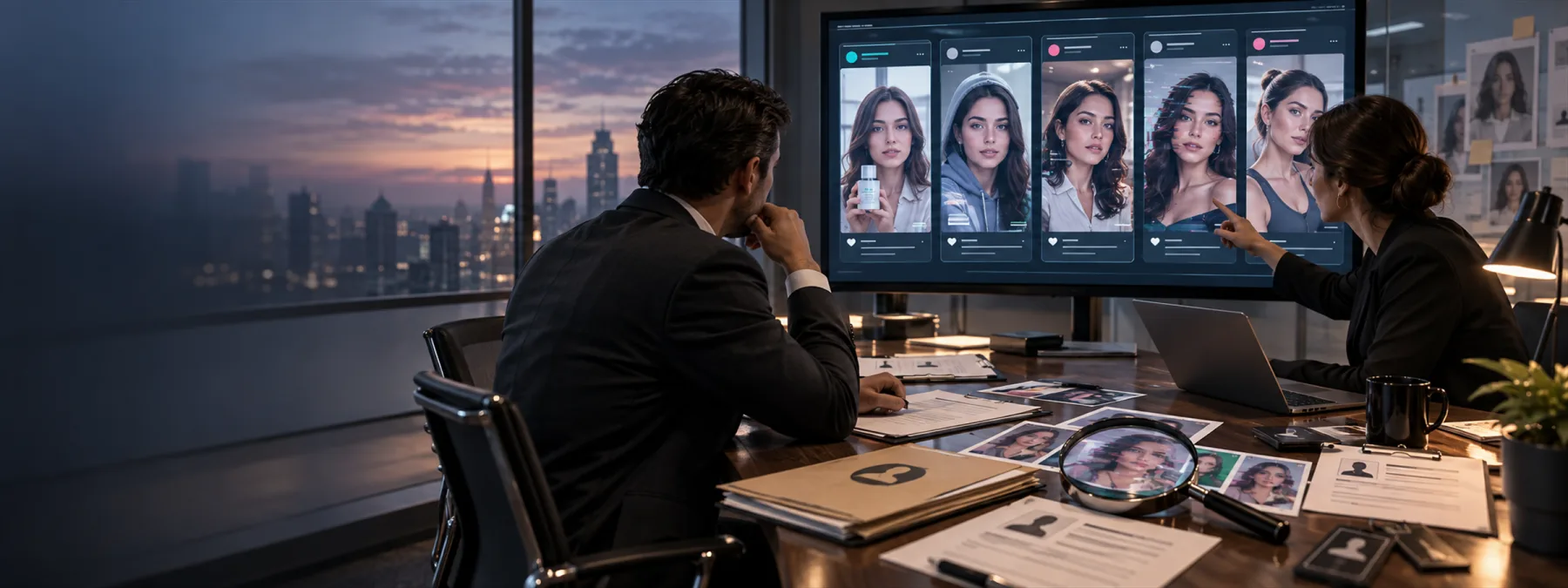 Editorial image of a business owner reviewing deepfake social ads, impersonation risk, and brand approval evidence.