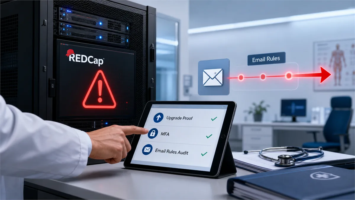 Editorial image of a healthcare administrator reviewing REDCap server upgrade evidence and email rule audit warnings.