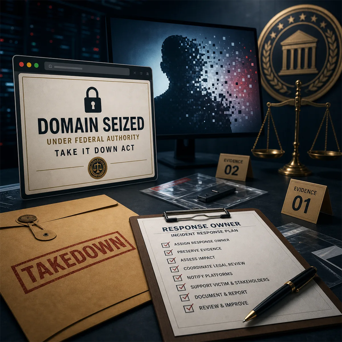 Editorial image of a DOJ-style domain seizure notice and response checklist for a deepfake takedown incident.