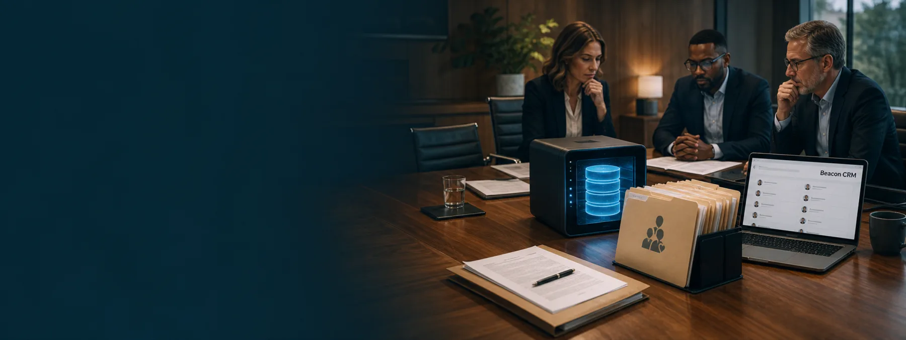 Editorial image showing nonprofit donor records, a CRM database backup, and vendor security review documents.