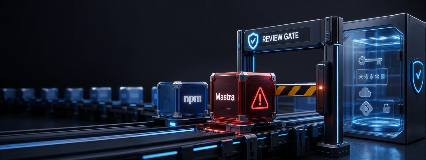 Editorial image showing an AI software build pipeline under dependency review after the Mastra npm supply-chain attack.
