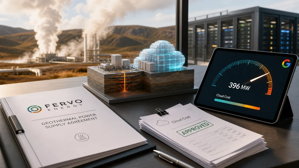 Editorial image of AI cloud infrastructure planning with a Google data center power contract signal, geothermal energy, and business cost review cues.