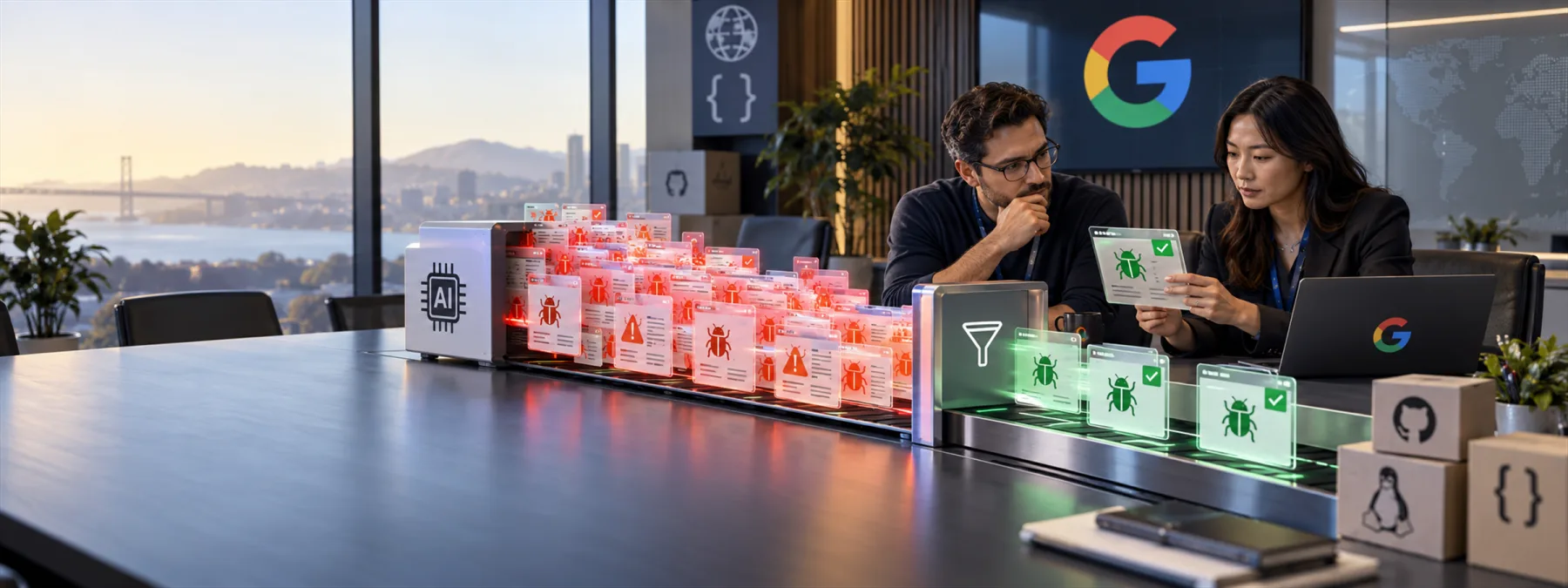 Editorial artwork showing a security intake desk sorting AI-generated vulnerability reports from validated findings.
