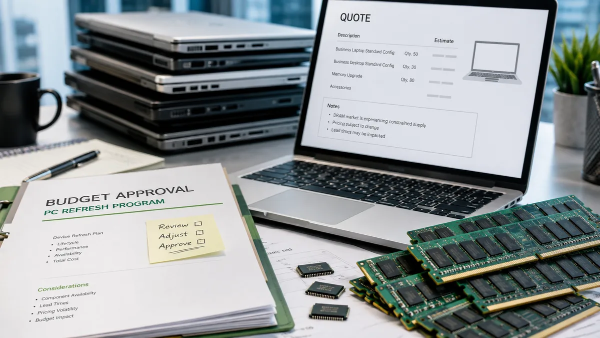 Editorial image of a business device refresh review with laptops, memory chips, lifecycle records, and procurement budget signals.