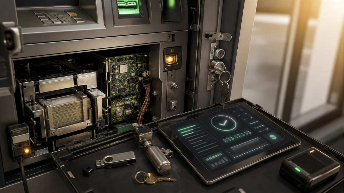 Editorial image of an ATM being reviewed as a managed IT asset with physical access, malware, and audit trail signals.