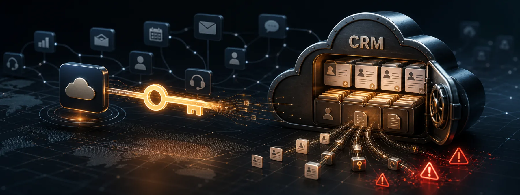 Editorial image of a trusted SaaS app connection opening access to CRM records through an OAuth key.