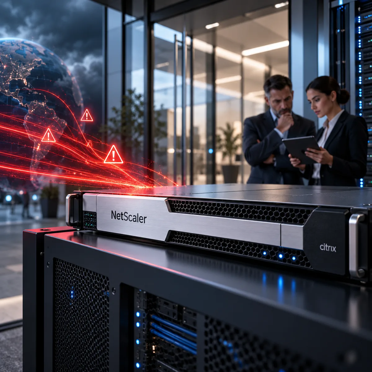 Editorial image of a Citrix NetScaler VPN gateway at a business network front door under security review.