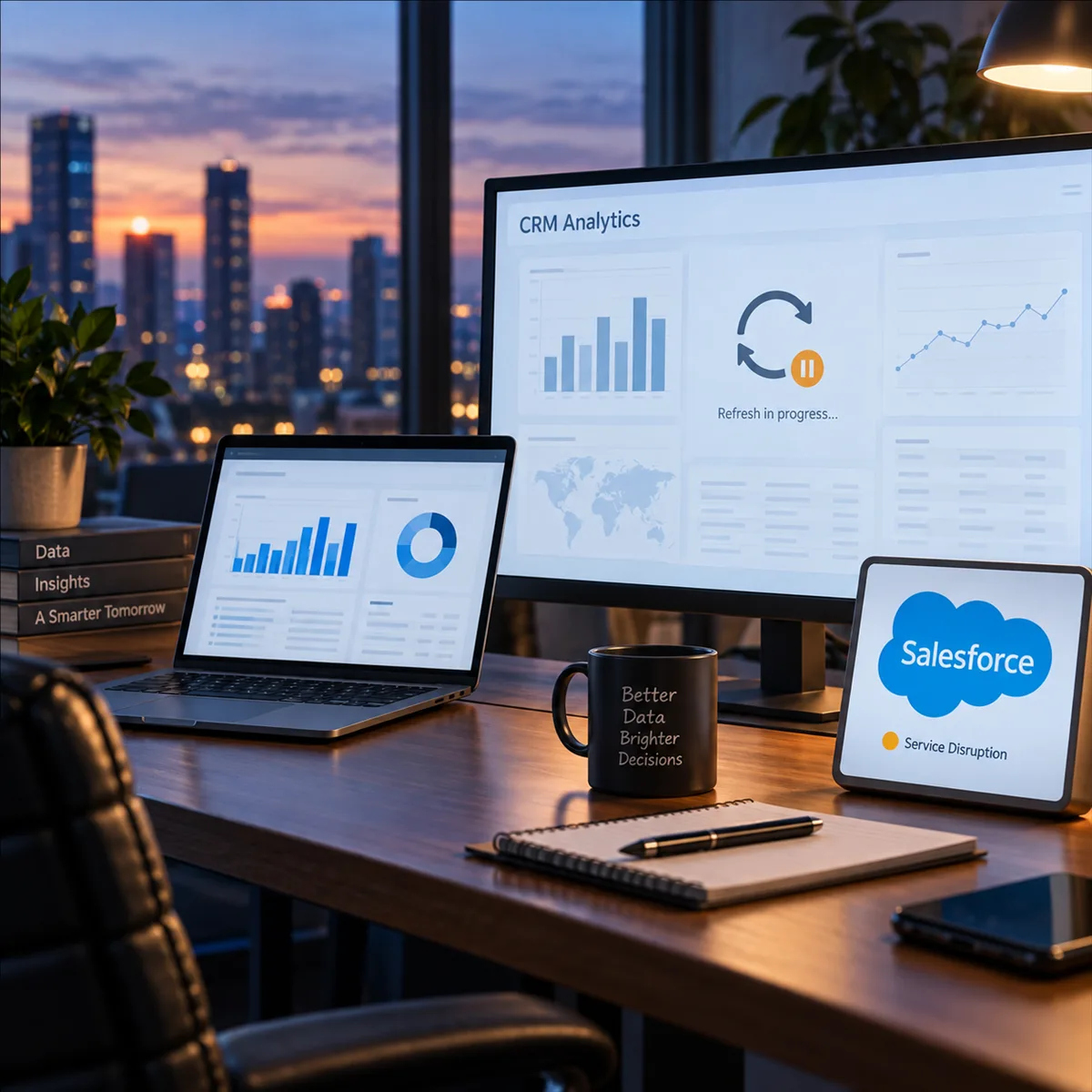 Editorial image of Salesforce CRM Analytics dashboards and stalled reporting workflows on a business operations desk.