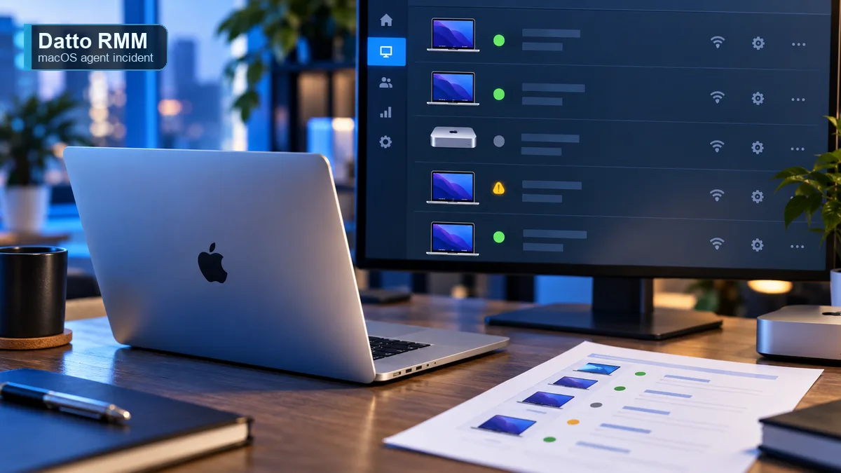 Editorial image of managed Mac laptops and a Datto RMM monitoring console during a Kaseya service incident.