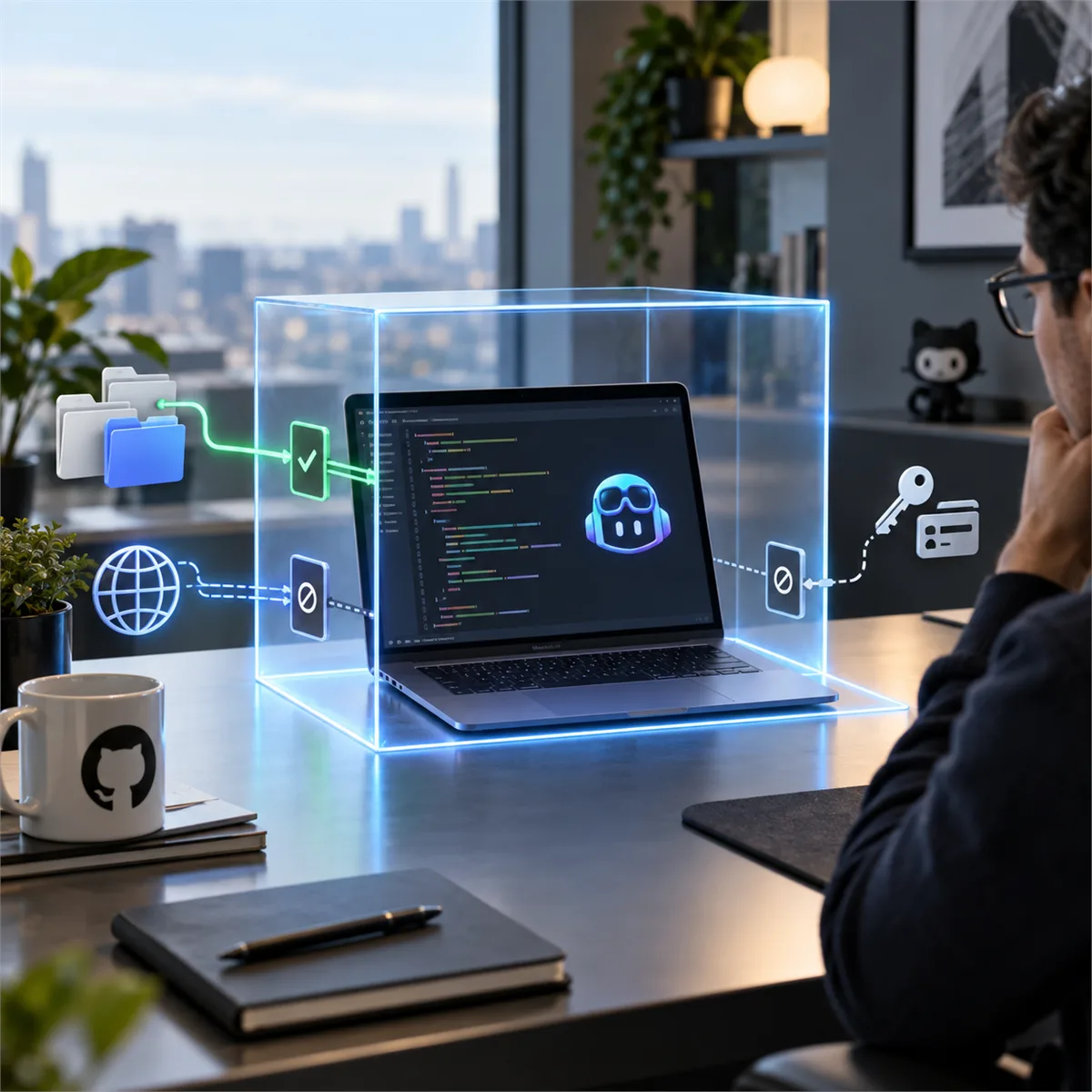 Editorial image of a business owner reviewing sandbox boundaries for an AI coding assistant session.