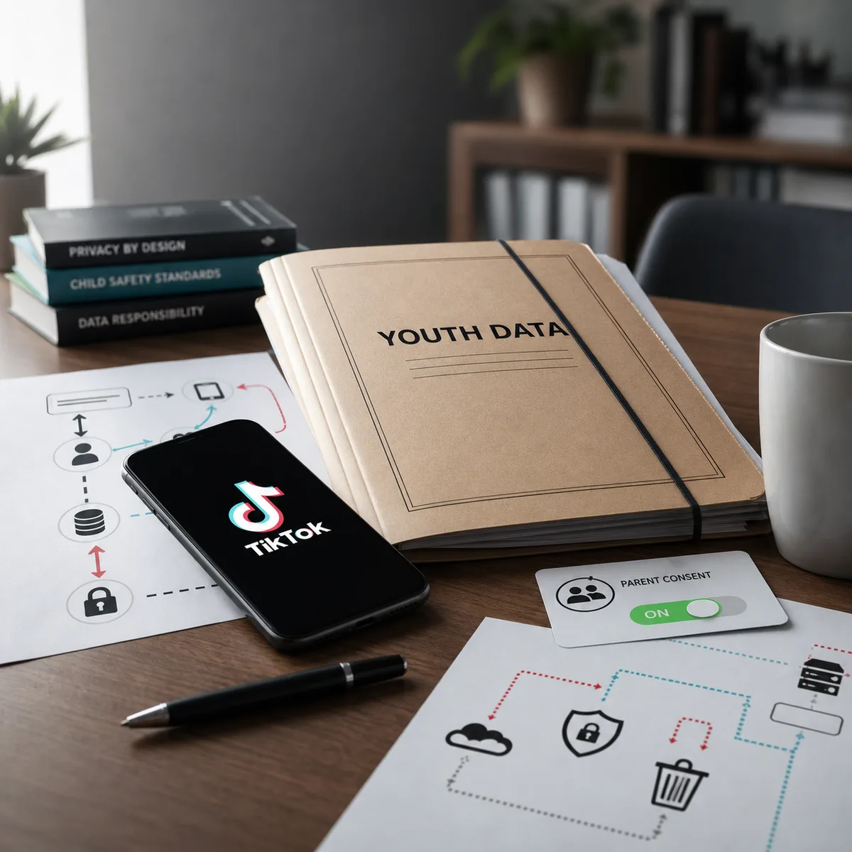 Editorial image showing a TikTok-branded phone beside a youth data privacy review folder and consent controls.