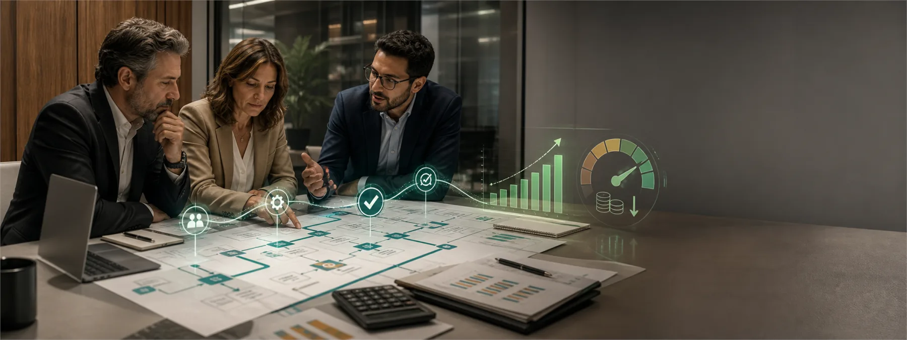 Editorial image of a business owner reviewing AI workflow costs, ROI metrics, and approval paths on a modern desk.