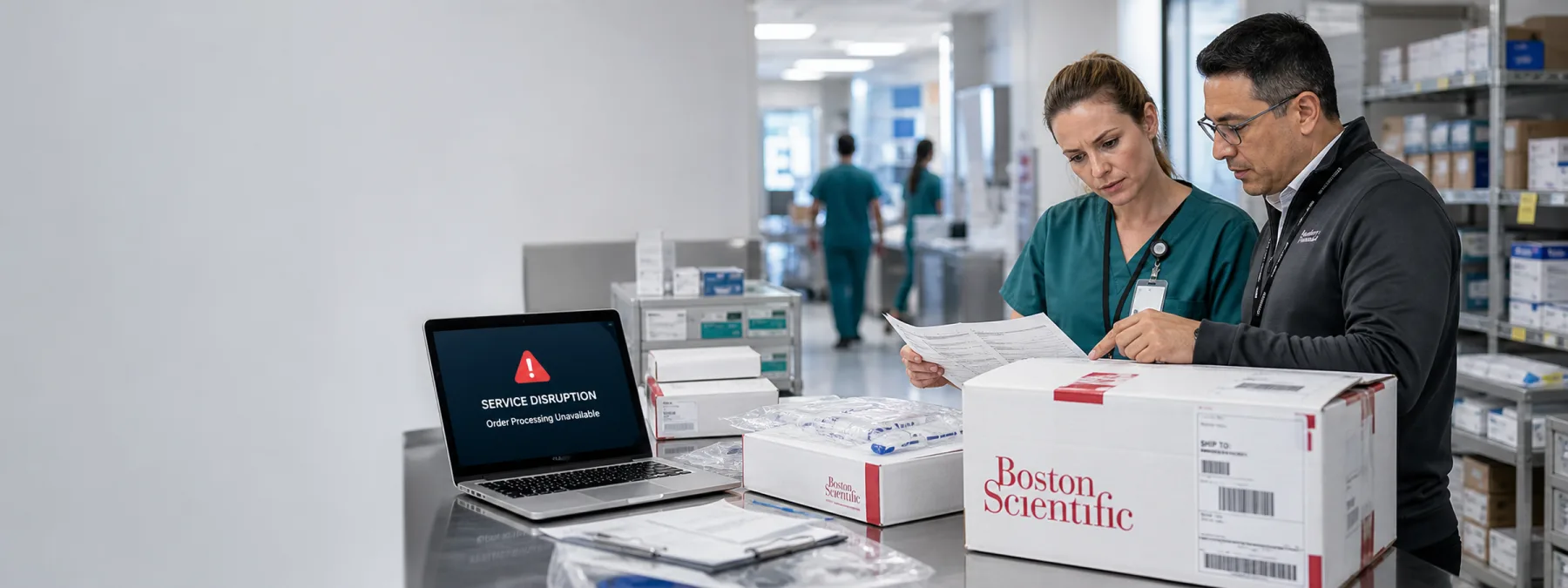 Editorial image showing a medical device vendor outage disrupting order processing and shipping workflows.