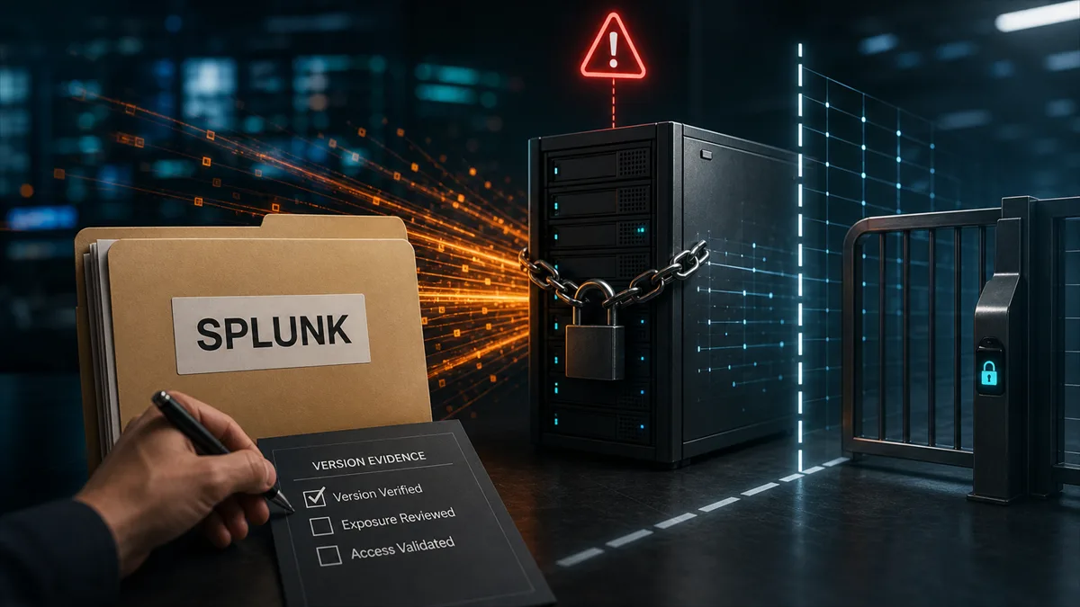 Editorial image of a business owner reviewing Splunk monitoring platform exposure and version proof.