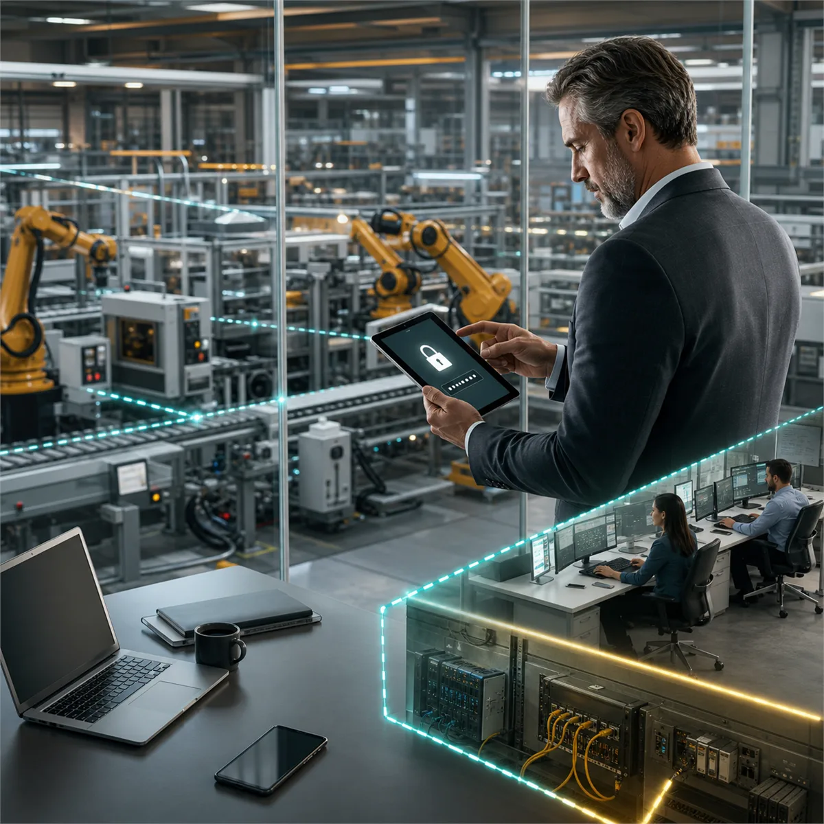 A modern manufacturing floor with connected machines, cloud links, and a security review checkpoint.