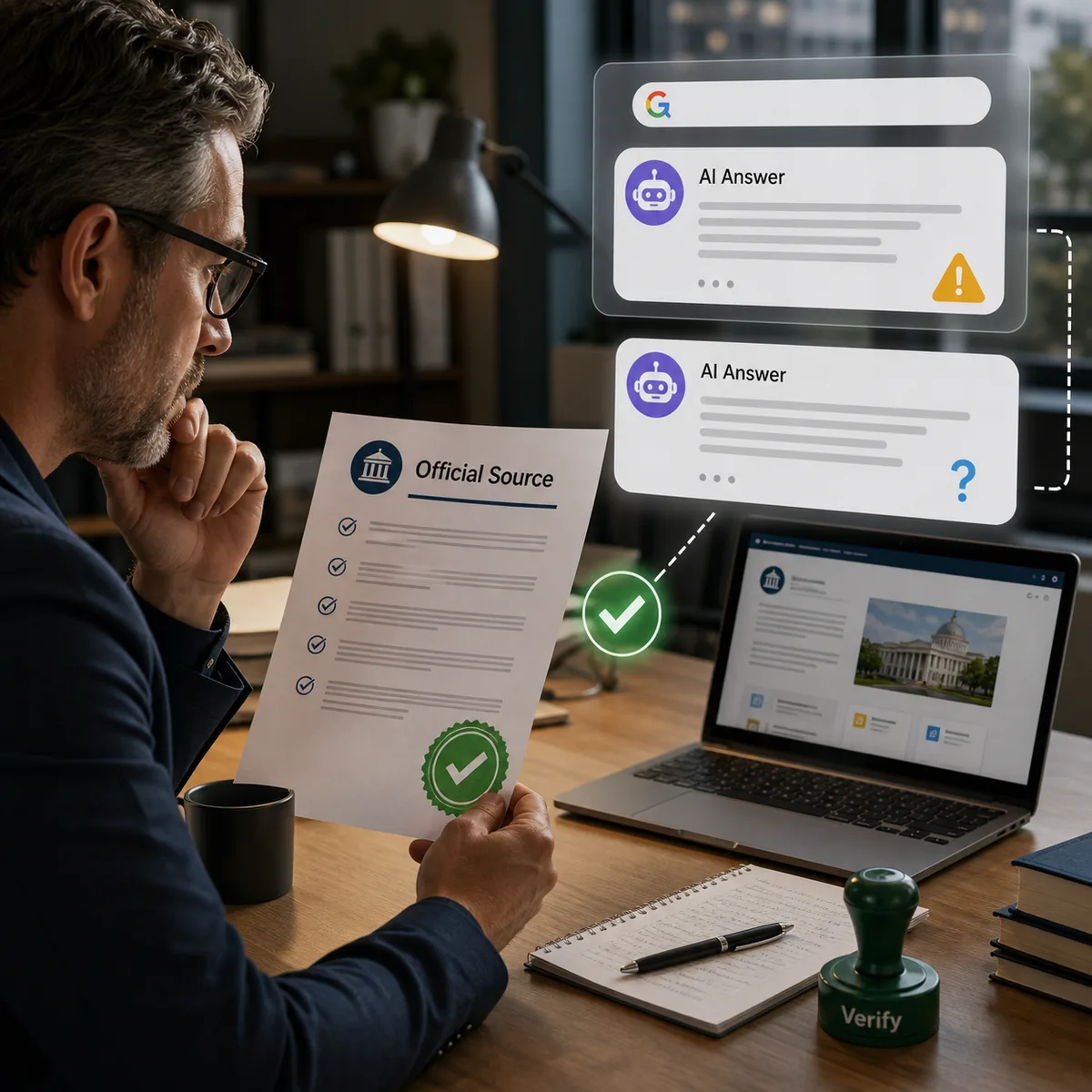 Editorial image showing a business team reviewing AI-generated public information against an official source document.
