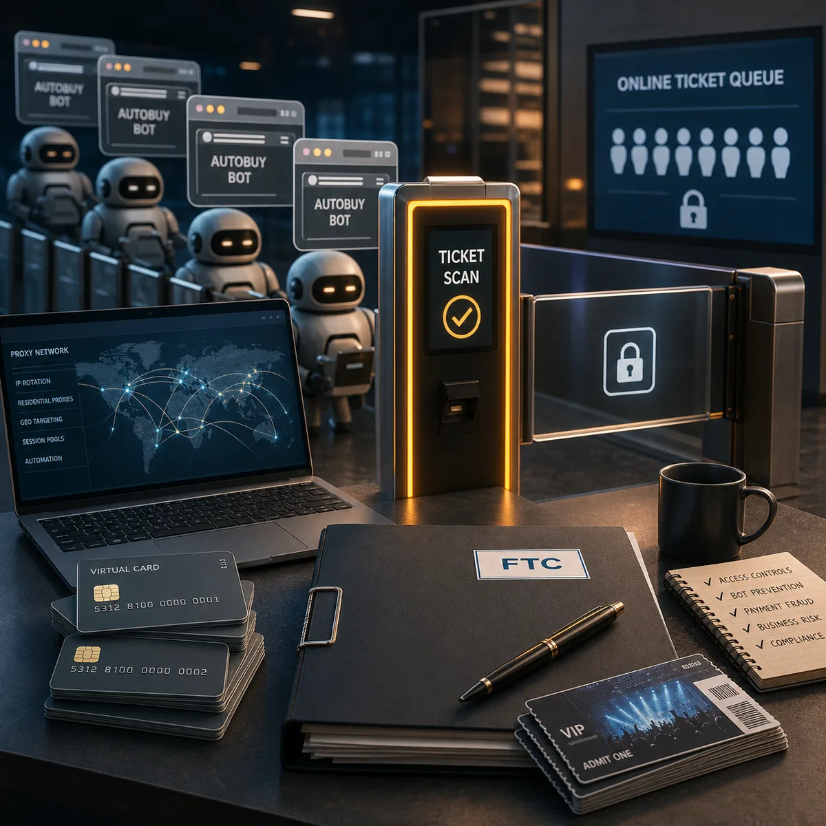 Editorial image about FTC ticket-bot enforcement and business automation controls