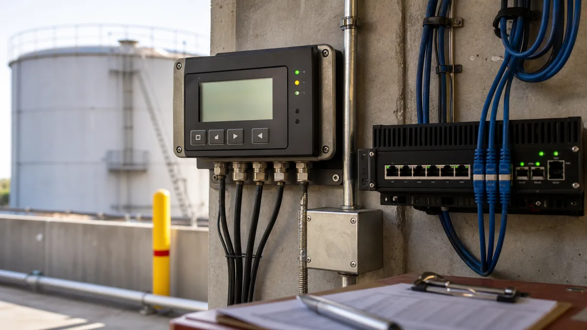 Editorial image of a fuel tank gauge and network equipment being reviewed for internet exposure and segmentation.